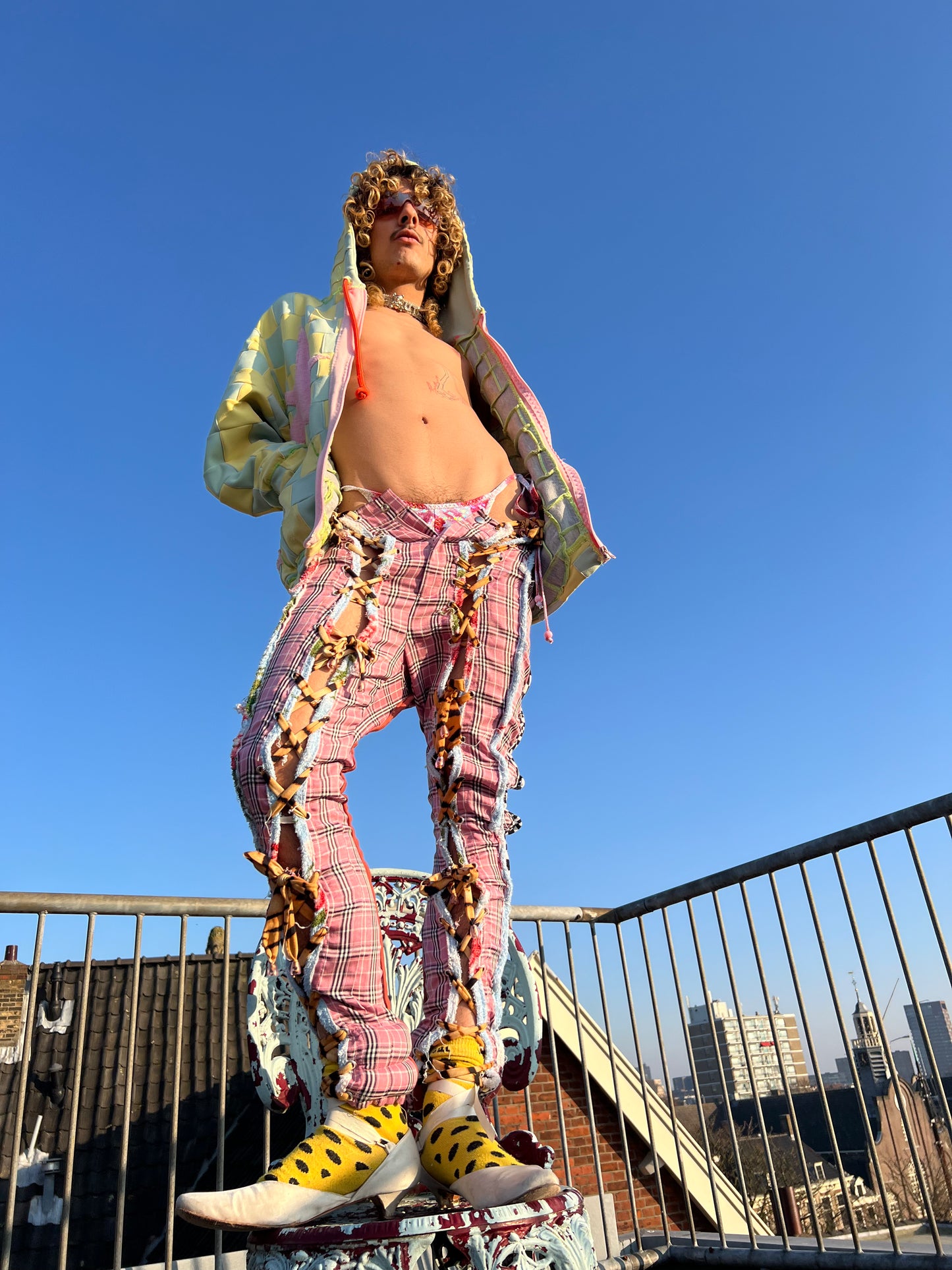 Checkered pants with lace up legs